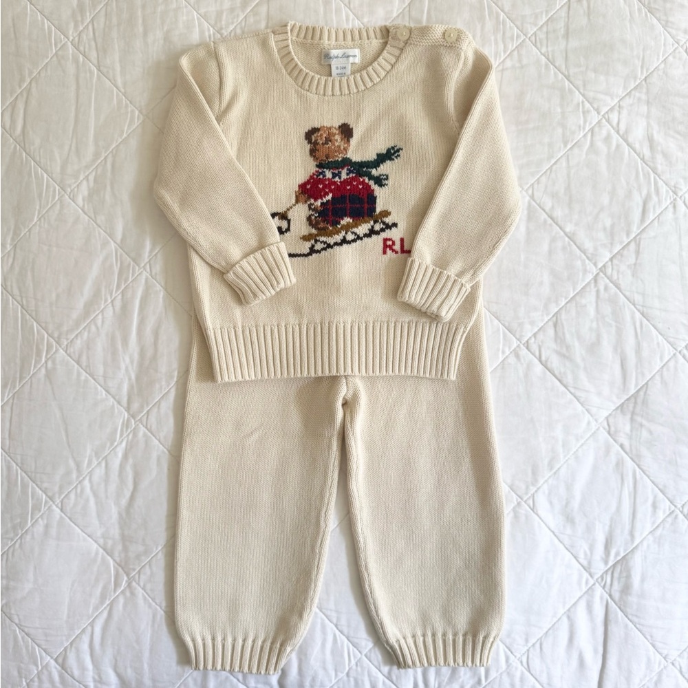Ralph Lauren - Polo Bear Sled Cream Cotton Knit Baby Sweater Pants Set, 18-24M